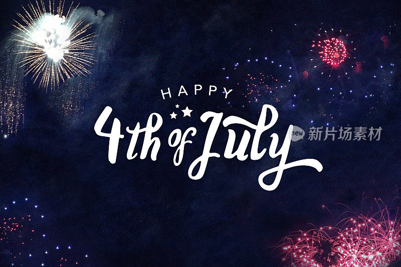 Happy 4th of July Typography with Fireworks in Night Sky Background